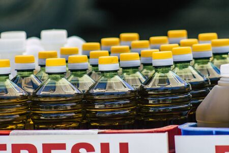 View of fresh extra virgin olive oil sold at the market of Limassol in Cyprus island