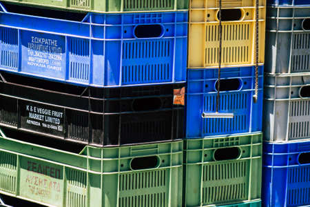 Limassol Cyprus June 06, 2020 View of various boxes to contain vegetables sold at the market of Limassol in the morningのeditorial素材