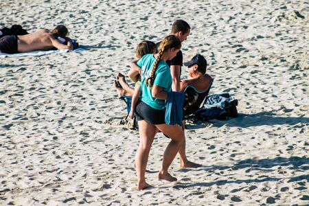 Tel Aviv Israel February 15, 2020 View of unidentified Israeli people having fun on the beach of Tel...