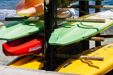 Limassol Cyprus June 10, 2020 Closeup of sea kayak, a type of boat used mainly for recreation, parked in a place of water sports on the beach of Limassol in Cyprus islandの写真素材
