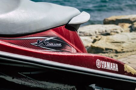 Limassol Cyprus June 10, 2020 Closeup of a jet skI, a type of personal watercraft used mainly for recreation, parked at a water sport place on Limassol beach in Cyprus Islandの写真素材