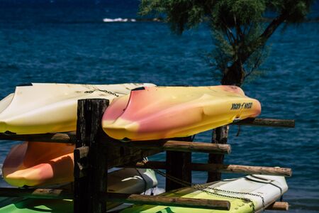 Limassol Cyprus June 10, 2020 Closeup of sea kayak, a type of boat used mainly for recreation, parked in a place of water sports on the beach of Limassol in Cyprus islandの写真素材