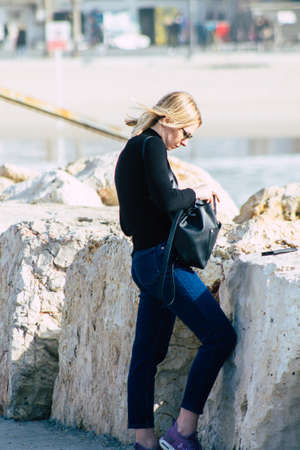 Tel Aviv Israel February 22, 2020 View of unidentified Israeli people having fun on the beach of Tel Aviv in winterのeditorial素材