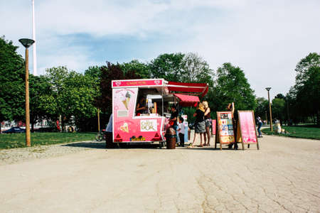 Reims France April 21, 2019 View of fun fair with its colorful stands located in the center of the city of Reims in the afternoonのeditorial素材