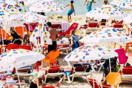 Tel Aviv Israel October 05, 2019 View of unknowns people having fun on the beach of Tel Aviv in the...