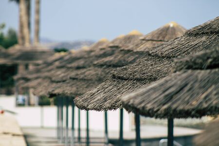 Limassol Cyprus June 10, 2020 View of an umbrella on Limassol beach in Cyprus islandの写真素材