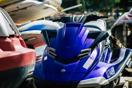 Limassol Cyprus June 10, 2020 Closeup of a jet skI, a type of personal watercraft used mainly for recreation, parked at a water sport place on Limassol beach in Cyprus Islandのeditorial素材