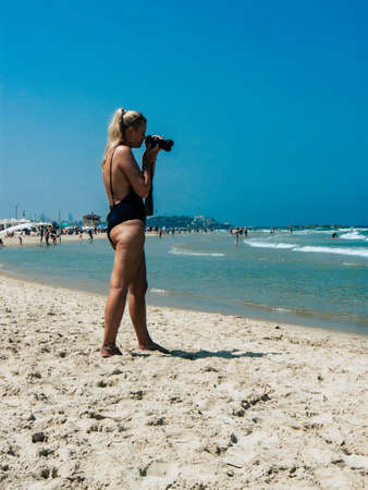 Tel Aviv Israel June 9, 2019 View of unknown Israeli people having fun on the beach of Tel Aviv in...