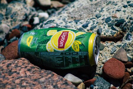 Limassol Cyprus June 12, 2020 Closeup of various pollution of metallic and plastic waste found on one of the natural beaches near the town of Limassol in Cyprusの写真素材