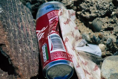 Limassol Cyprus June 12, 2020 Closeup of various pollution of metallic and plastic waste found on...