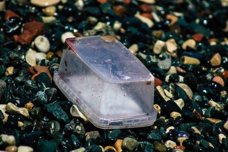 Limassol Cyprus June 12, 2020 Closeup of various pollution of metallic and plastic waste found on...