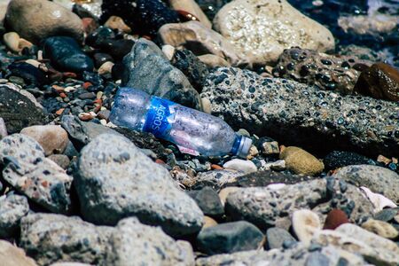 Limassol Cyprus June 12, 2020 Closeup of various pollution of metallic and plastic waste found on...