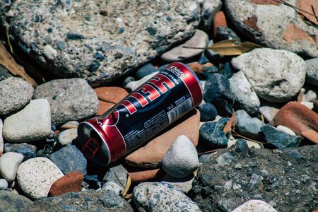 Limassol Cyprus June 12, 2020 Closeup of various pollution of metallic and plastic waste found on...