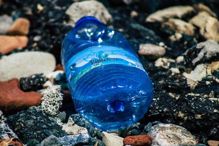 Limassol Cyprus June 12, 2020 Closeup of various pollution of metallic and plastic waste found on...