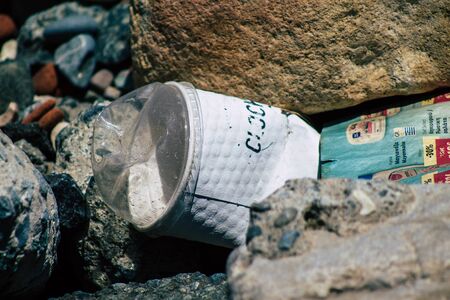 Limassol Cyprus June 12, 2020 Closeup of various pollution of metallic and plastic waste found on...