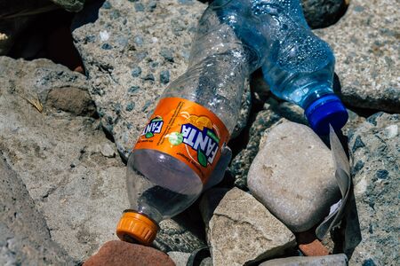 Limassol Cyprus June 12, 2020 Closeup of various pollution of metallic and plastic waste found on one of the natural beaches near the town of Limassol in Cyprusの写真素材