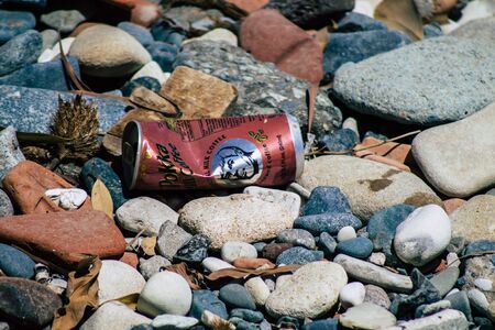 Limassol Cyprus June 12, 2020 Closeup of various pollution of metallic and plastic waste found on...