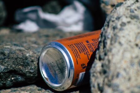 Limassol Cyprus June 12, 2020 Closeup of various pollution of metallic and plastic waste found on one of the natural beaches near the town of Limassol in Cyprusの写真素材