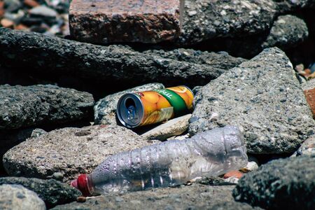 Limassol Cyprus June 12, 2020 Closeup of various pollution of metallic and plastic waste found on...