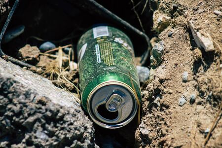Limassol Cyprus June 12, 2020 Closeup of various pollution of metallic and plastic waste found on one of the natural beaches near the town of Limassol in Cyprusの写真素材