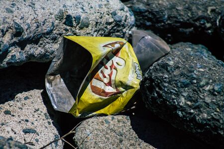 Limassol Cyprus June 12, 2020 Closeup of various pollution of metallic and plastic waste found on...