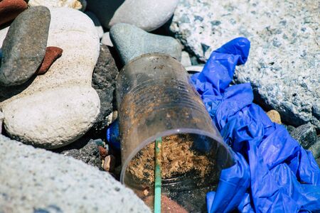Limassol Cyprus June 12, 2020 Closeup of various pollution of metallic and plastic waste found on...