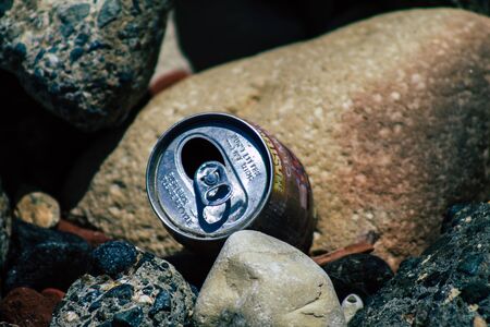 Limassol Cyprus June 12, 2020 Closeup of various pollution of metallic and plastic waste found on one of the natural beaches near the town of Limassol in Cyprusの写真素材