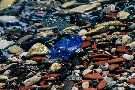 Limassol Cyprus June 12, 2020 Closeup of various pollution of metallic and plastic waste found on...