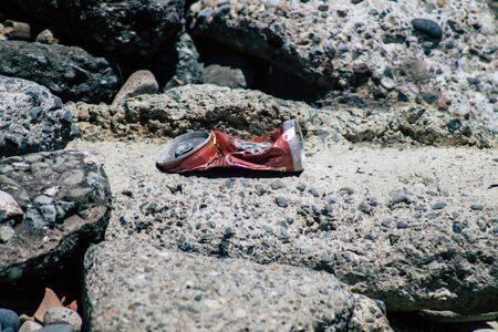 Limassol Cyprus June 12, 2020 Closeup of various pollution of metallic and plastic waste found on...