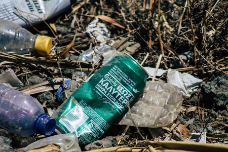 Limassol Cyprus June 12, 2020 Closeup of various pollution of metallic and plastic waste found on one of the natural beaches near the town of Limassol in Cyprusの写真素材
