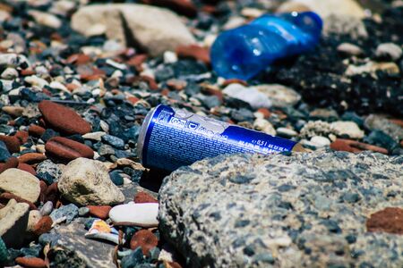 Limassol Cyprus June 12, 2020 Closeup of various pollution of metallic and plastic waste found on...