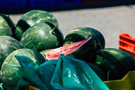 Limassol Cyprus June 13, 2020 View of various fresh fruits sold at the market of Limassol in Cyprus...