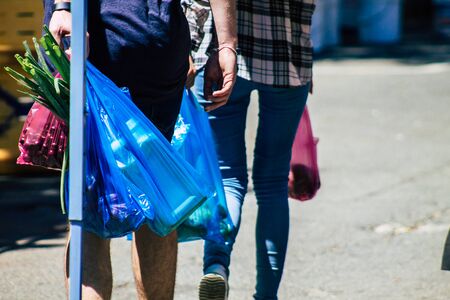 Limassol Cyprus June 13, 2020 Closeup of a shopping bag of an unidentified people shopping at Limassol market in the morning in Cyprusの写真素材