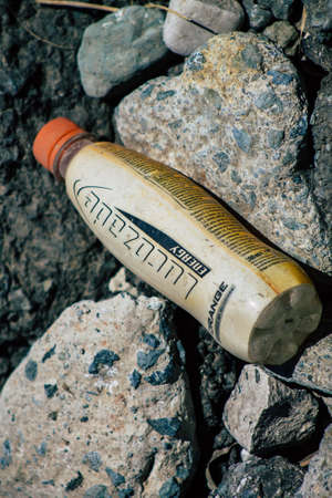 Limassol Cyprus June 12, 2020 Closeup of various pollution of metallic and plastic waste found on one of the natural beaches near the town of Limassol in Cyprusのeditorial素材