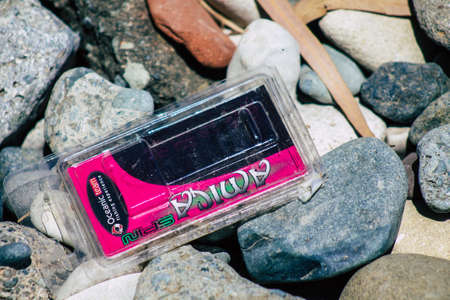 Limassol Cyprus June 12, 2020 Closeup of various pollution of metallic and plastic waste found on one of the natural beaches near the town of Limassol in Cyprusのeditorial素材