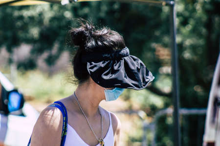 Limassol Cyprus June 13, 2020 Portrait of unidentified people with a face mask to protect themselves...