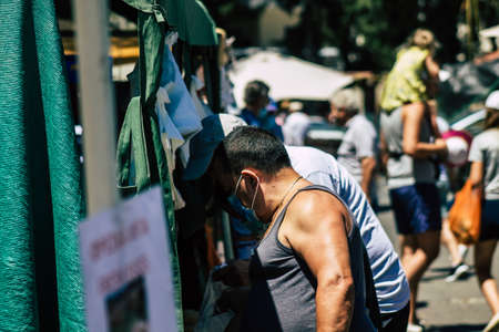 Limassol Cyprus June 13, 2020 Portrait of unidentified people with a face mask to protect themselves...
