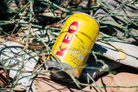 Limassol Cyprus June 12, 2020 Closeup of various pollution of metallic and plastic waste found on...