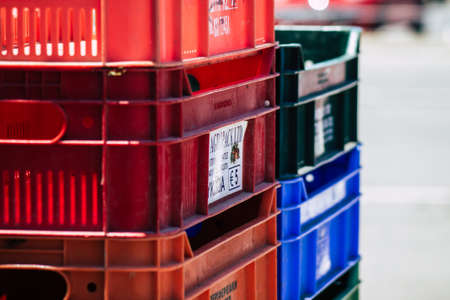 Limassol Cyprus June 06, 2020 View of various boxes to contain vegetables sold at the market of Limassol in the morningのeditorial素材