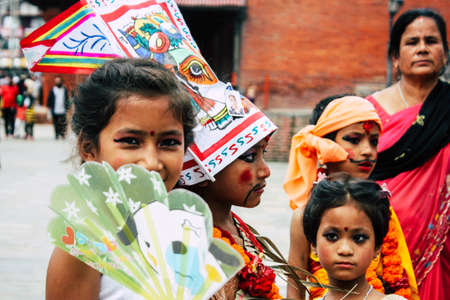Kathmandu Nepal August 27, 2018 Portrait of unknown Hindu kid visiting the Pashupatinath temple in the morningのeditorial素材