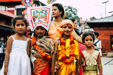 Kathmandu Nepal August 27, 2018 Portrait of unknown Hindu kid visiting the Pashupatinath temple in the morningのeditorial素材