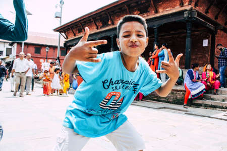 Kathmandu Nepal August 27, 2018 Portrait of unknown Hindu kid visiting the Pashupatinath temple in the morningのeditorial素材