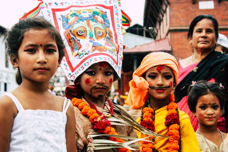 Kathmandu Nepal August 27, 2018 Portrait of unknown Hindu kid visiting the Pashupatinath temple in the morningのeditorial素材