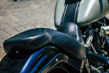Limassol Cyprus June 19, 2020 Closeup of the mechanical part of a motorbike parked in the streets of Limassol in Cyprus Islandのeditorial素材