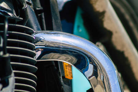 Limassol Cyprus June 19, 2020 Closeup of the mechanical part of a motorbike parked in the streets of...