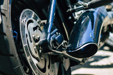 Limassol Cyprus June 19, 2020 Closeup of the mechanical part of a motorbike parked in the streets of Limassol in Cyprus Islandのeditorial素材