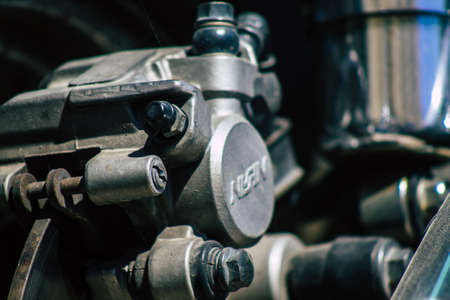 Limassol Cyprus June 19, 2020 Closeup of the mechanical part of a motorbike parked in the streets of Limassol in Cyprus Islandのeditorial素材