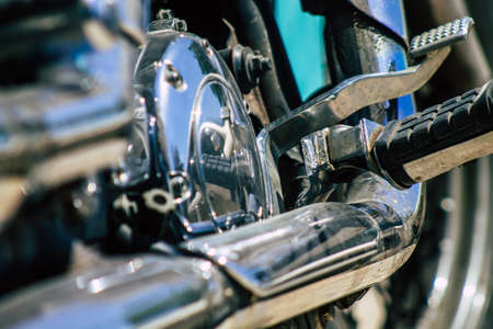 Limassol Cyprus June 19, 2020 Closeup of the mechanical part of a motorbike parked in the streets of Limassol in Cyprus Islandのeditorial素材