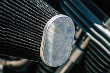 Limassol Cyprus June 19, 2020 Closeup of the mechanical part of a motorbike parked in the streets of...