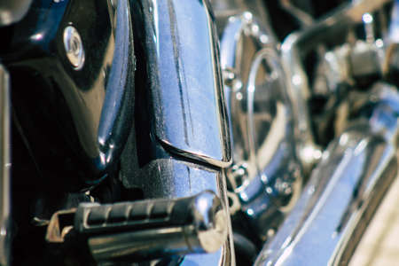 Limassol Cyprus June 19, 2020 Closeup of the mechanical part of a motorbike parked in the streets of...